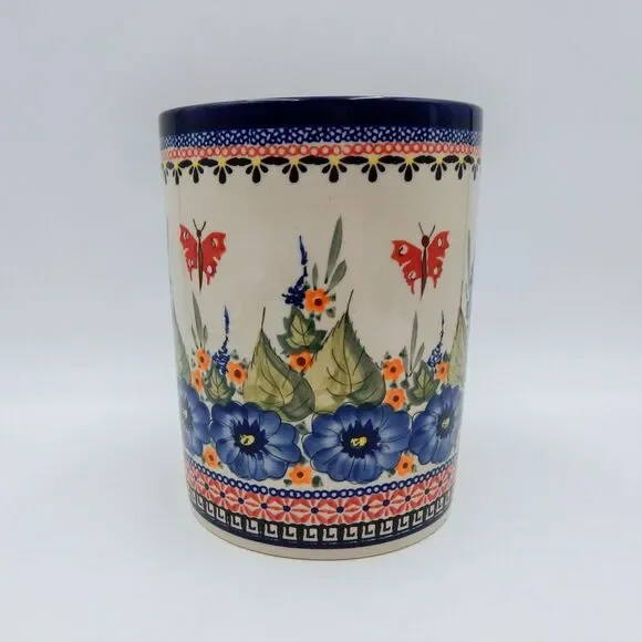 Zaklady Pottery Blue Floral Butterfly Kitchen Countertop Utensil Holder Crock 7
